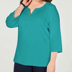 Karen Scott Women's Cotton Henley V-Neck Tops Sweaters Peacock Teal Size 0X